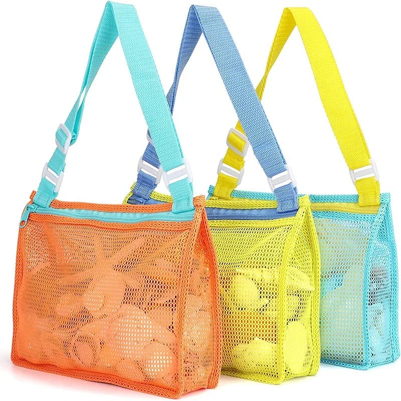 Perfecsy beach toy mesh bag for kids with seashell design, ideal for storing sand toys, pool accessories, and swimming gear.