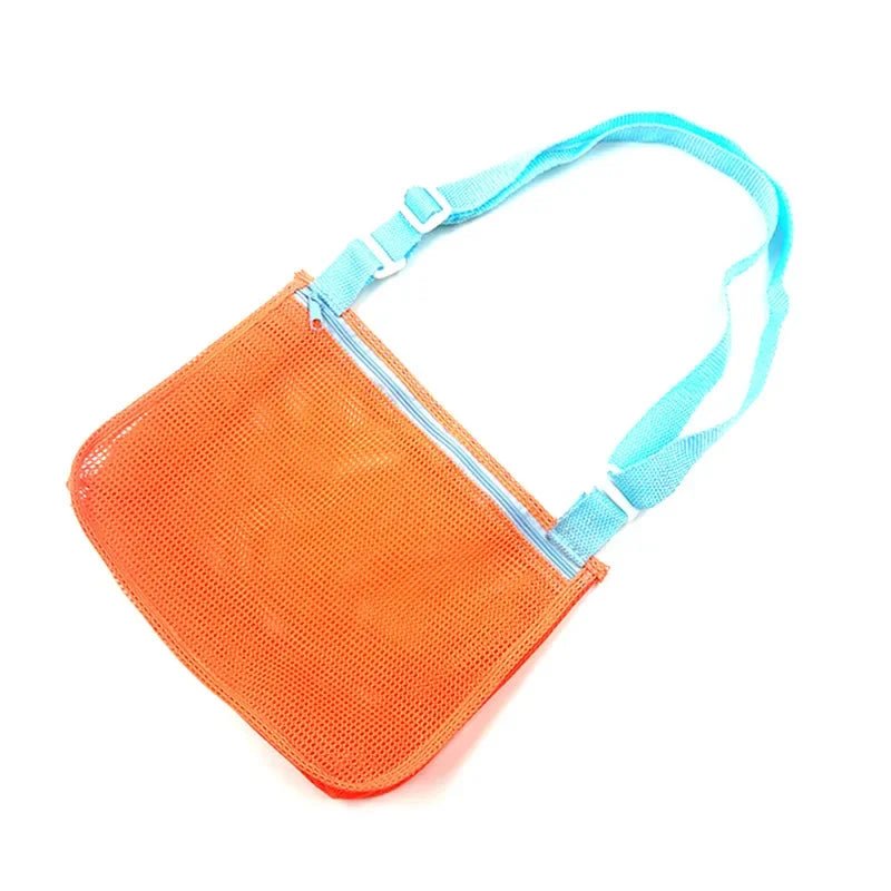 Perfecsy mesh beach toy bag with seashell design, kids' shell storage bag for sand toys, swimming accessories, suitable for boys and girls.