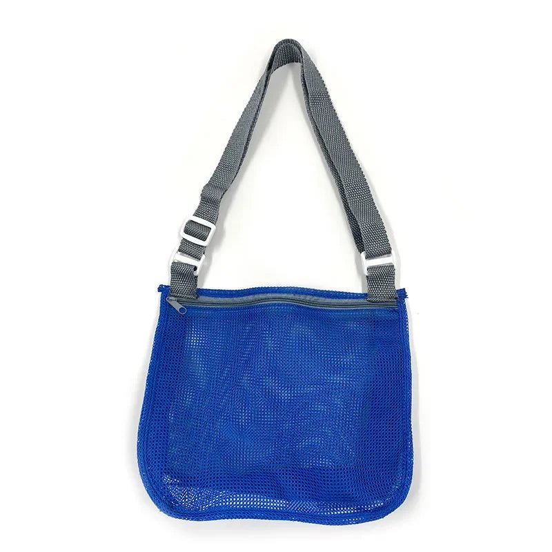 Perfecsy mesh beach toy bag with seashell design, perfect for kids to store sand toys, pool accessories, and seashells during beach trips.
