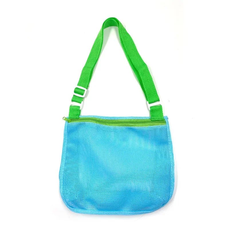 Perfecsy mesh beach toy bag with seashell design, ideal for kids' sand toys, pool accessories, and swimming gear.