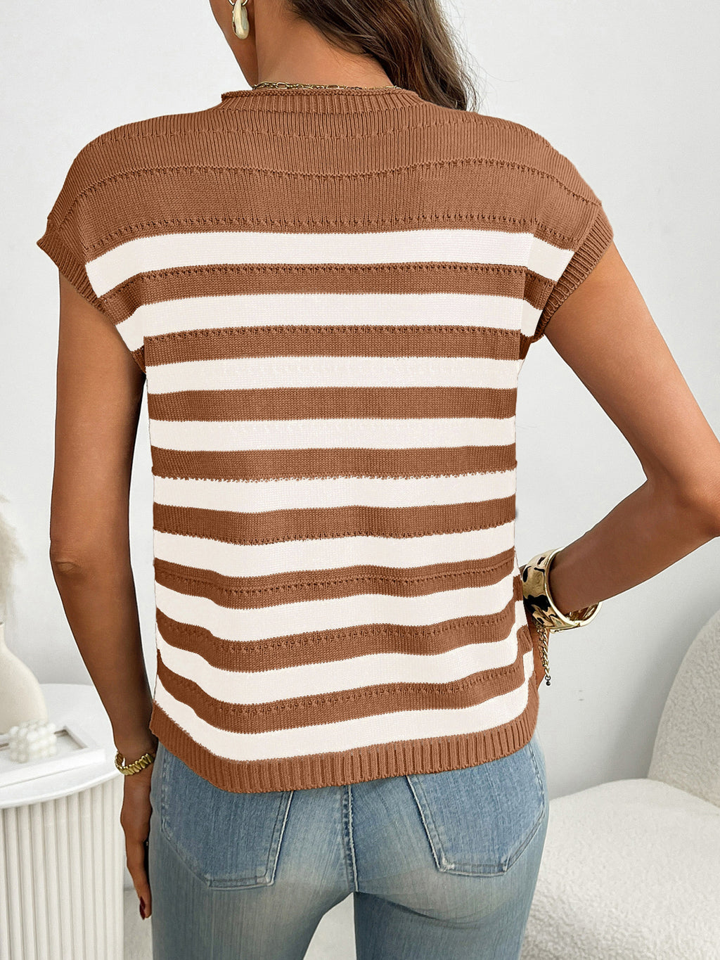 Women's striped knit cap sleeve sweater with pocket detail, stylish trendy outerwear for casual wear