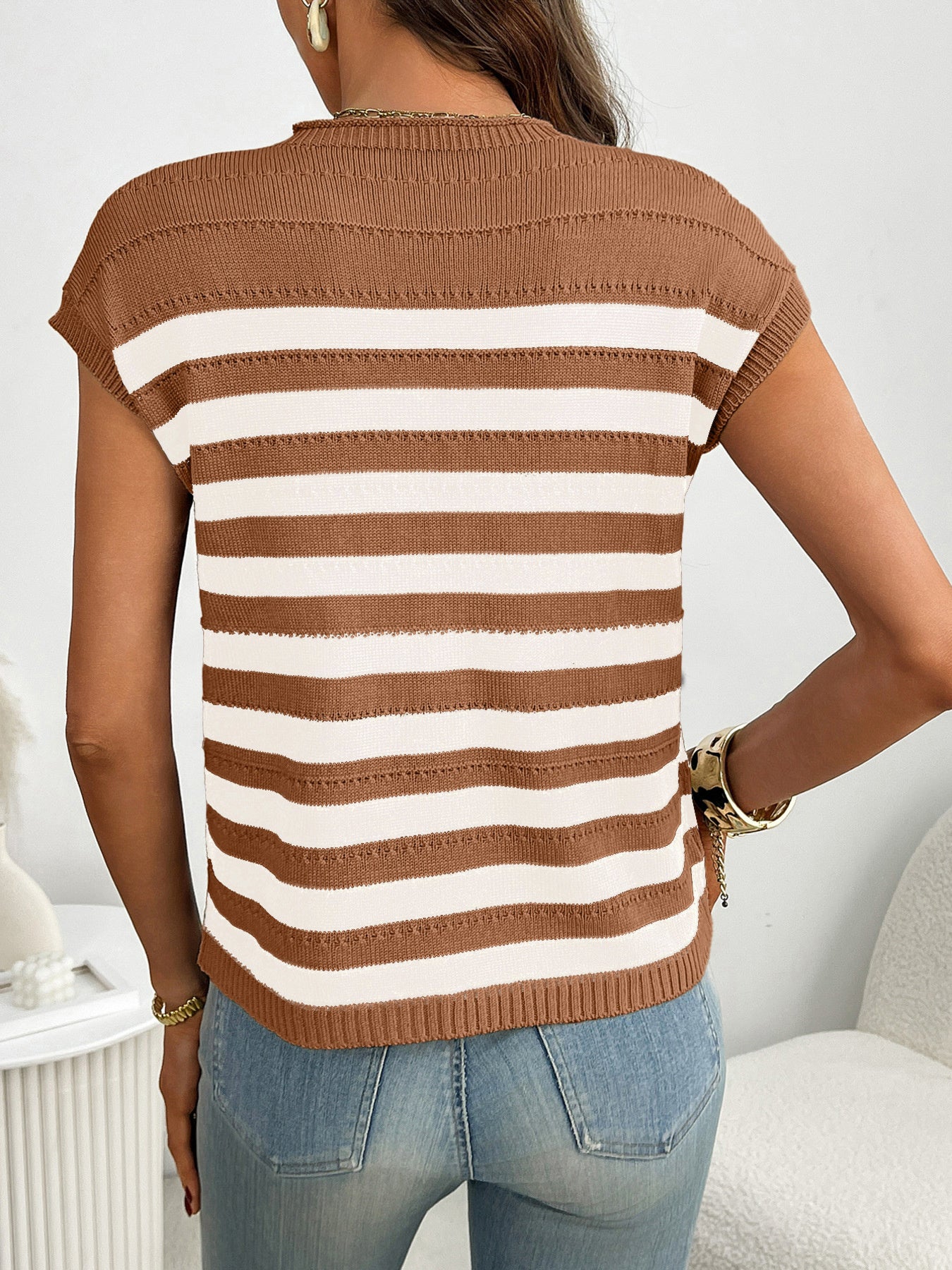 Women's striped knit cap sleeve sweater with pocket detail, stylish trendy outerwear for casual wear