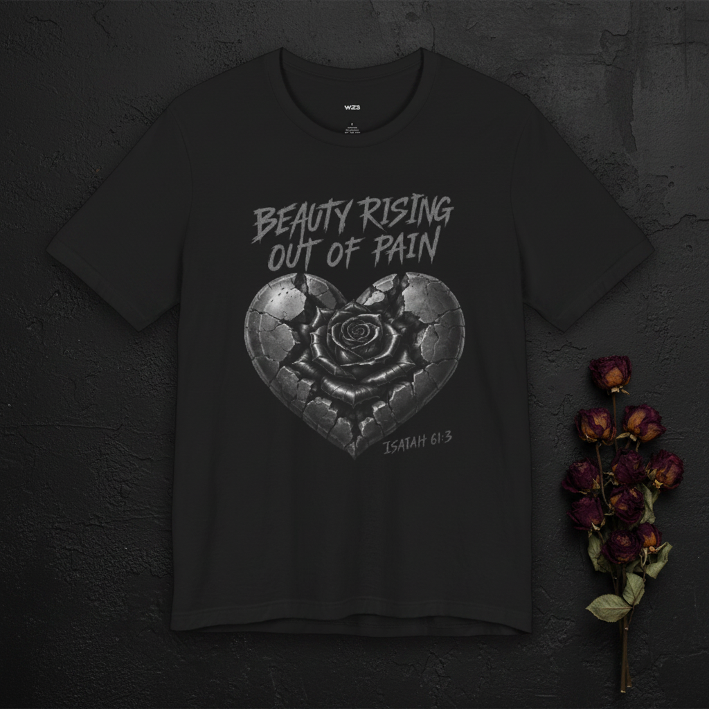 Black T-shirt from Wear Your Worship's SEEN. Her. collection featuring "Beauty Rising Out of Pain" Isaiah 61:3 design, flat lay.