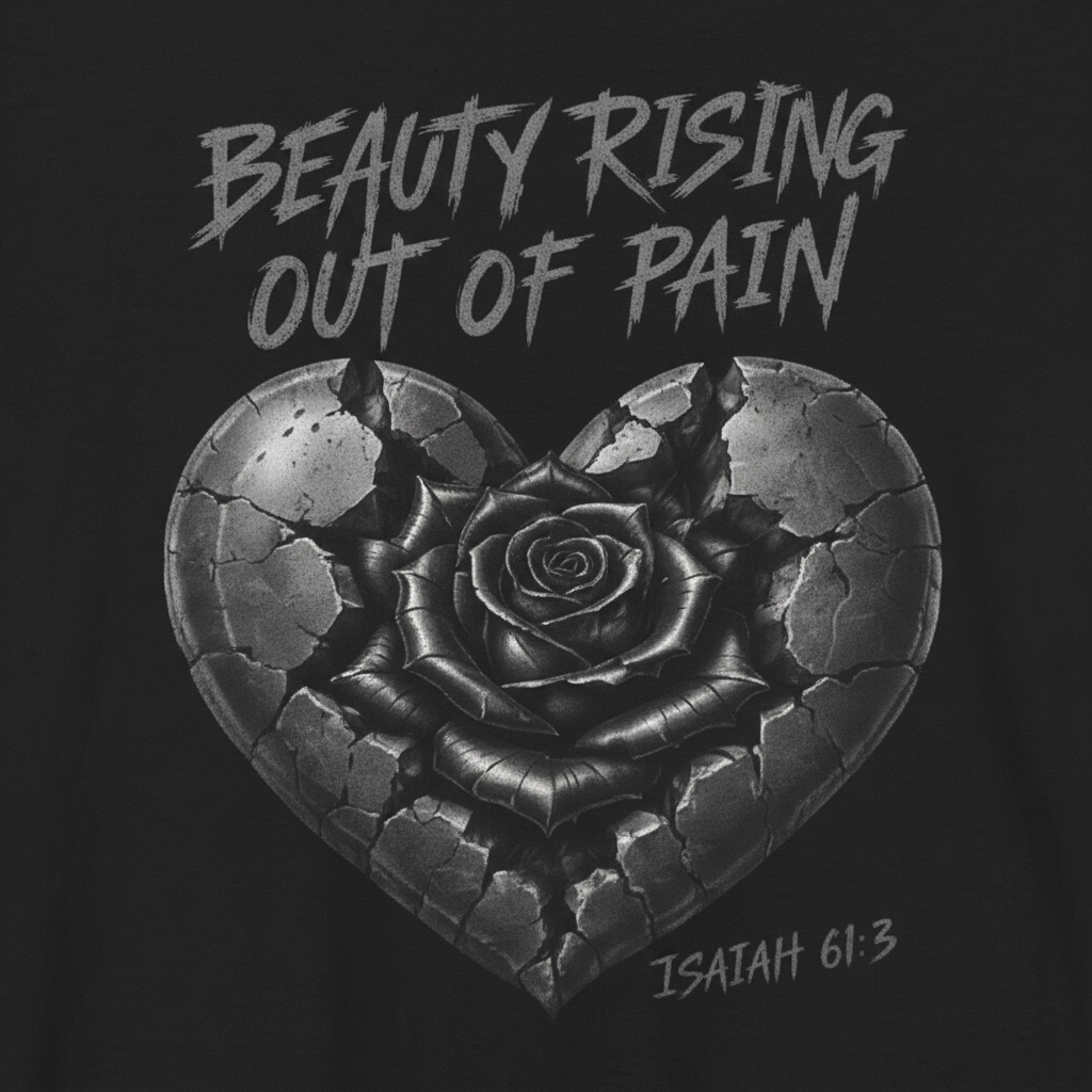 Close-up of Wear Your Worship's Beauty Rising Out of Pain T-shirt featuring Isaiah 61:3 graphic design.