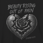 Close-up of Wear Your Worship's Beauty Rising Out of Pain T-shirt featuring Isaiah 61:3 graphic design.