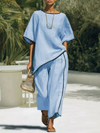 Contrast trim round neck top and pants set by Plush Fashion Hub, featuring a coordinated casual outfit with stylish details.
