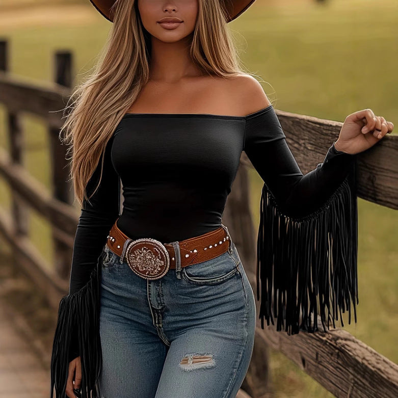 LadyShow.Store retro western fringe fitted T-shirt with fringe details and fitted silhouette, casual and stylish for everyday wear.