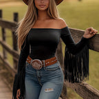 LadyShow.Store retro western fringe fitted T-shirt with fringe details and fitted silhouette, casual and stylish for everyday wear.