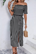 Trendy off-shoulder tie-waist midi dress by Perfee with a slit, featuring a stylish and elegant design perfect for summer outings.