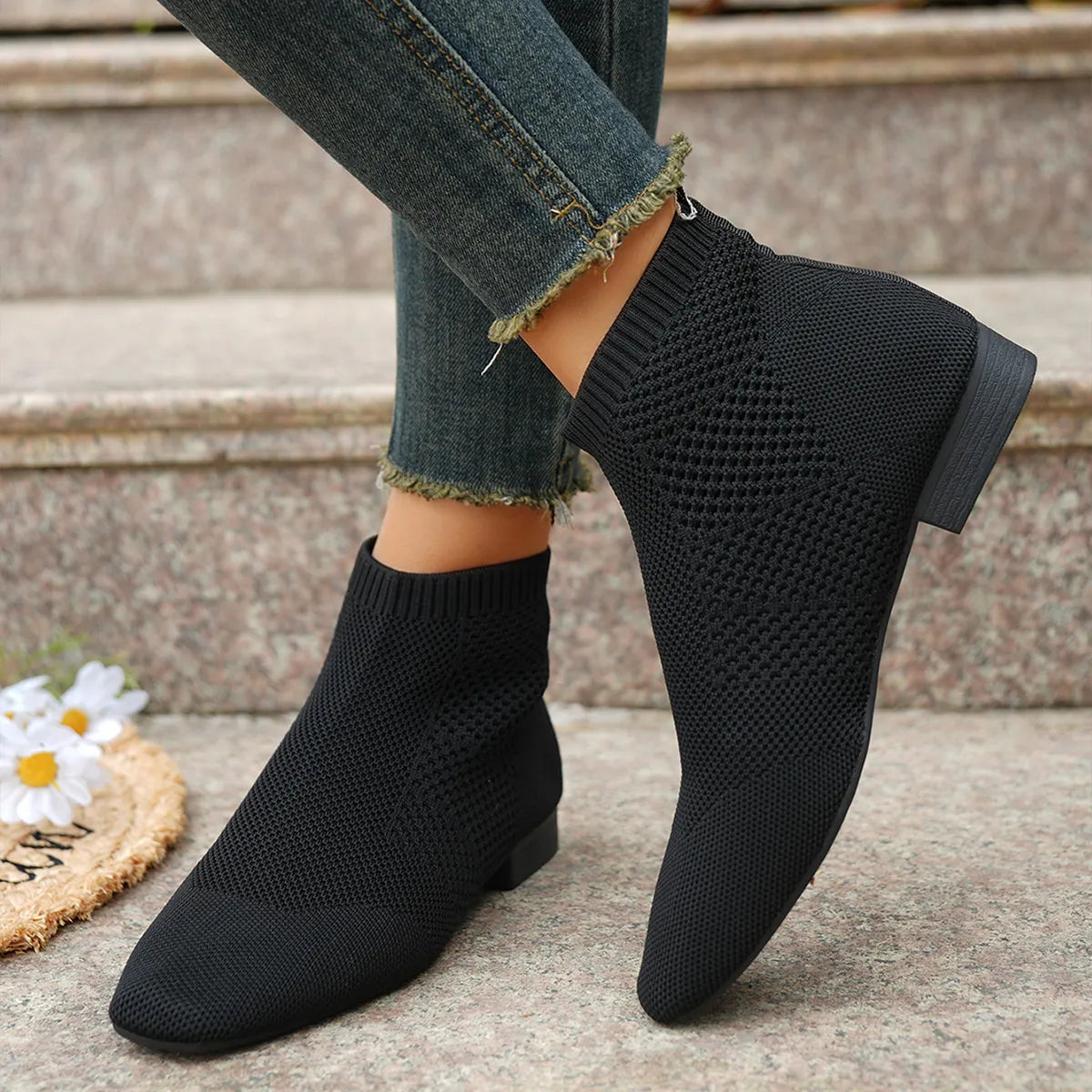 Women's mesh knit ankle boots with stretch comfort fit, trendy and breathable design for stylish, all-day wear.