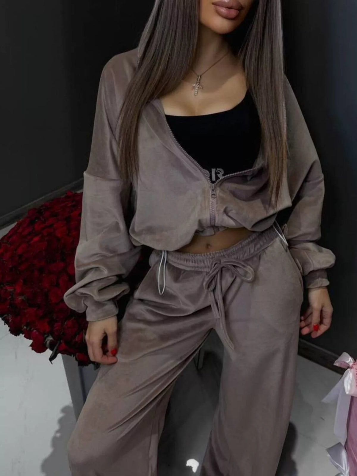 Plush Fashion Hub zip-up cropped outerwear and pants set, featuring a stylish matching hoodie and joggers in soft fabric.