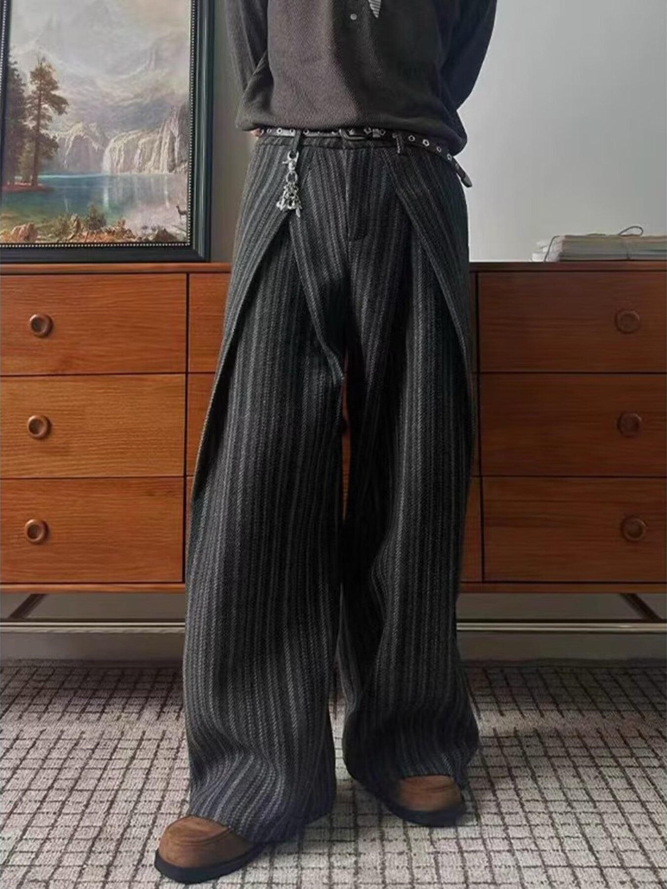 Men's wide leg striped casual trousers from Trendsi, breathable relaxed fit pants shown on a model.