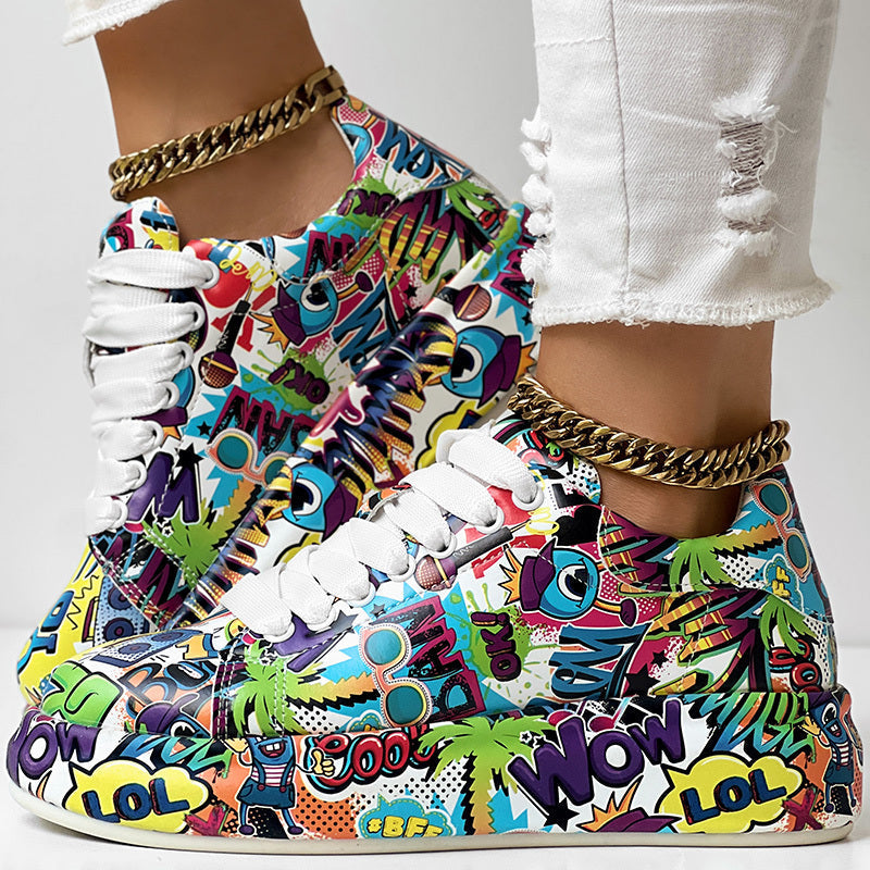 Women's round-toe thick-sole lace-up sneakers from Plush Fashion Hub with casual print design and comfortable footwear style.