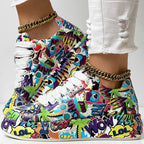 Women's round-toe thick-sole lace-up sneakers from Plush Fashion Hub with casual print design and comfortable footwear style.