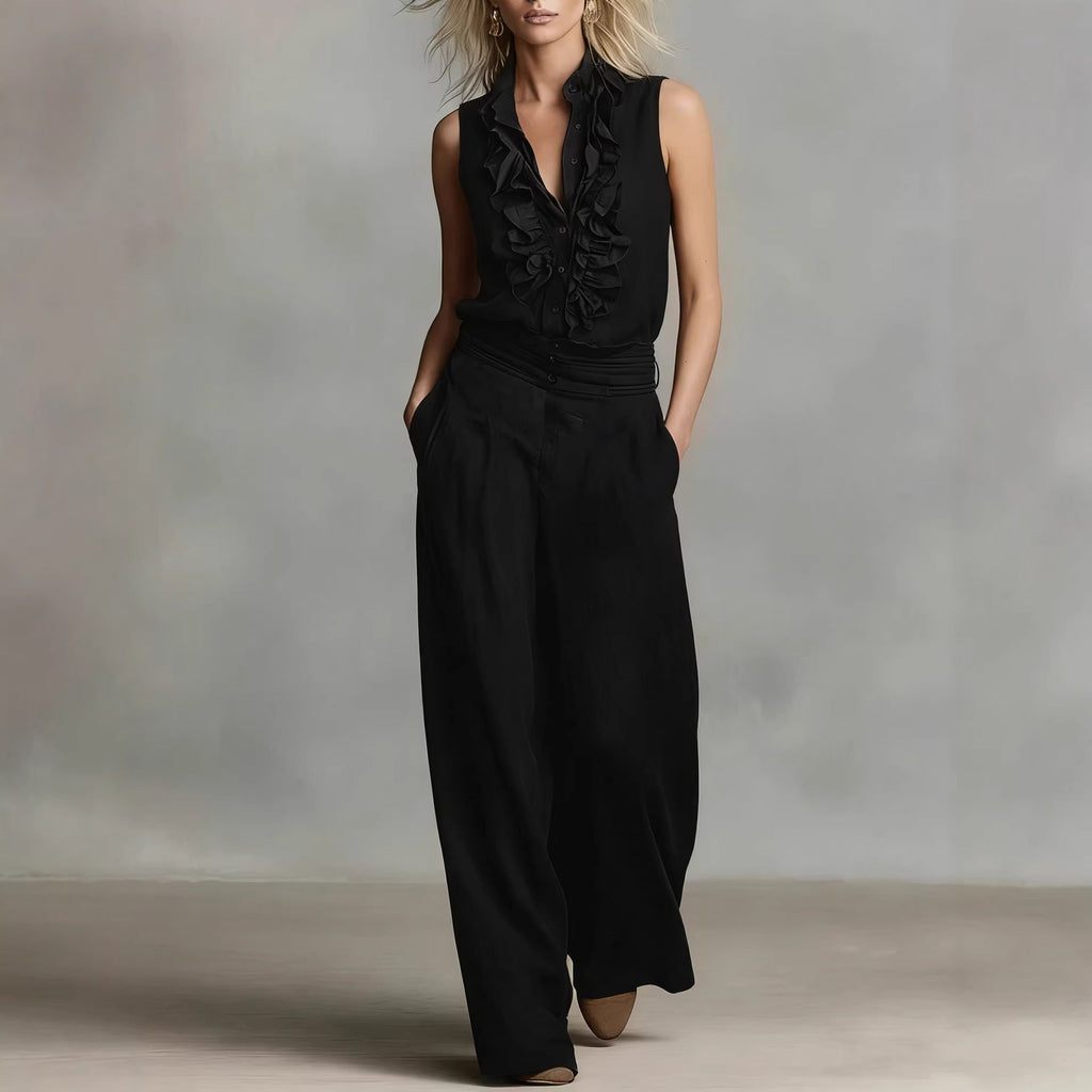 Women’s linen blend two-piece casualwear set by FitiqueFit, sleeveless shirt and wide-leg pants in neutral tones.