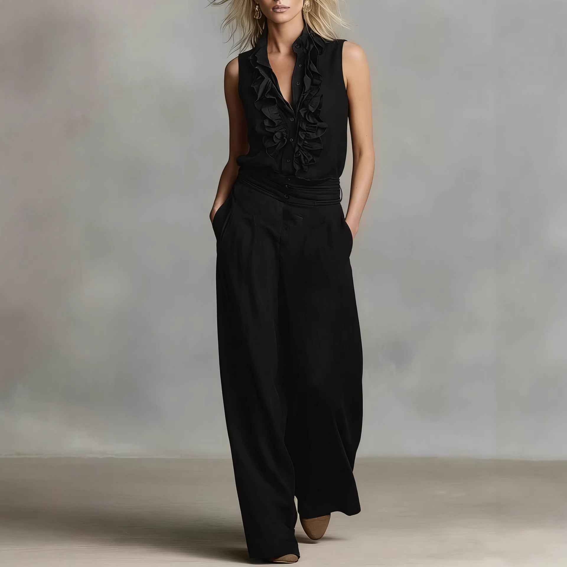 Women’s linen blend two-piece casualwear set by FitiqueFit, sleeveless shirt and wide-leg pants in neutral tones.
