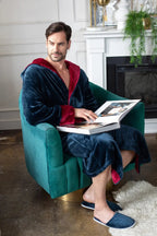 Men’s plush hooded robe from Plush Fashion Hub, ultra-soft and cozy for everyday comfort, shown in a relaxed fit.