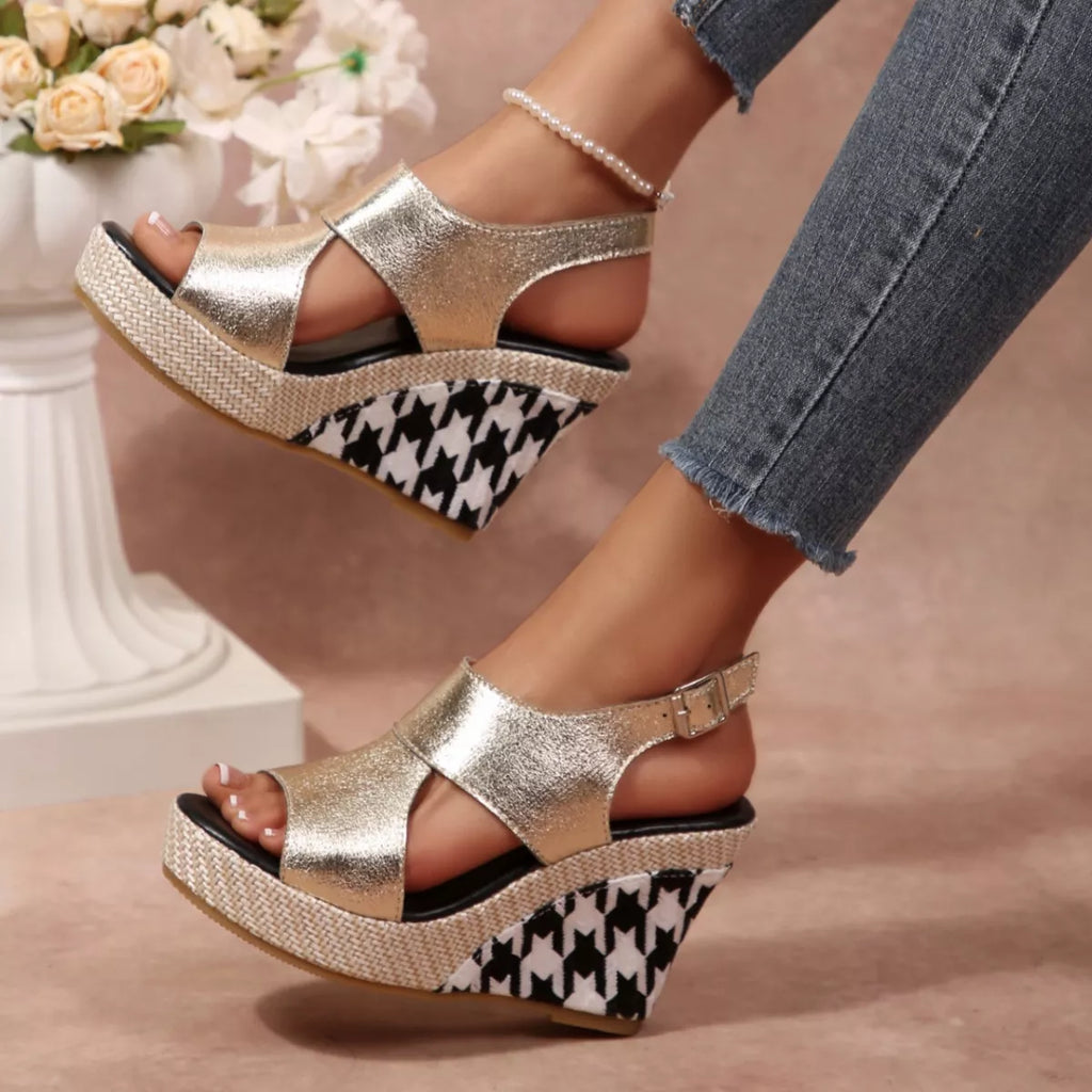Open toe wedge sandals by Shopimist with tan straps and cork heel, displayed on a neutral background.