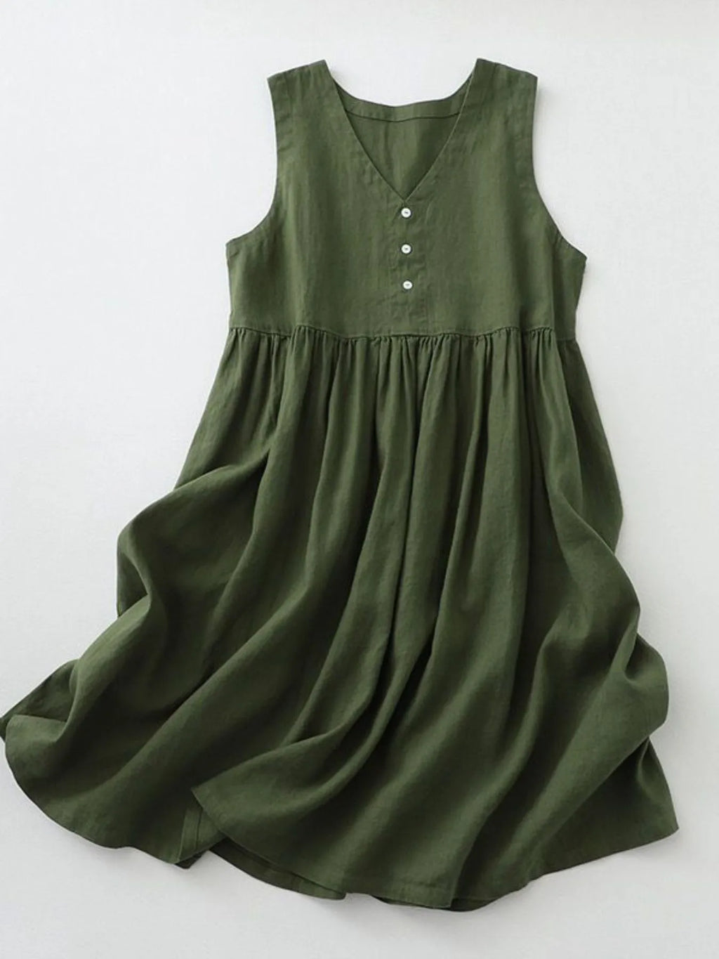 Women's V-neck sleeveless midi dress by Trendsi, 100% cotton casual dress with button details, displayed on a hanger.