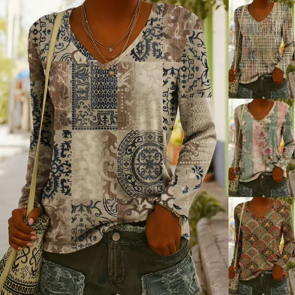 Women's ethnic print V-neck long-sleeve pullover top by FitiqueFit, featuring colorful traditional patterns and a comfortable fit.