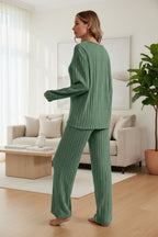 Women’s ribbed long sleeve top and pants loungewear set by FitiqueFit, featuring comfortable casualwear in soft, ribbed fabric.