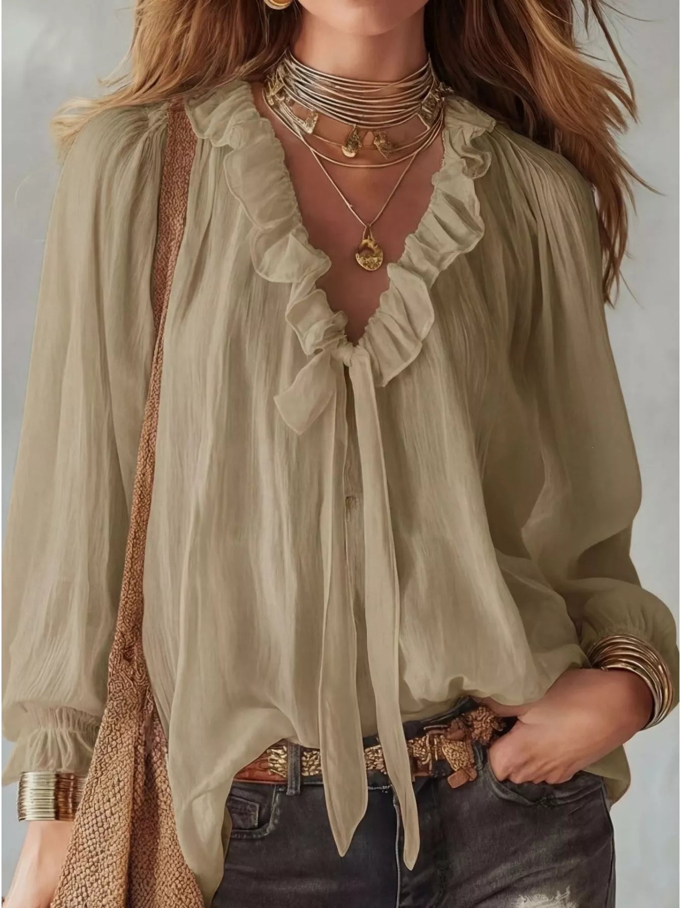Shopimist ruffle long sleeve blouse with feminine design and soft fabric, featuring ruffled details on the sleeves and neckline.