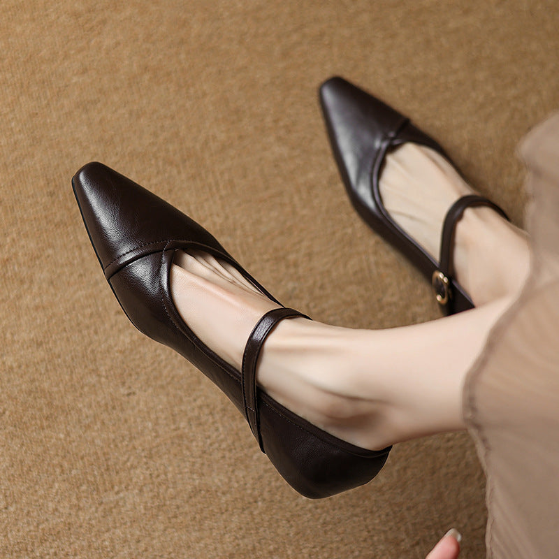 Women's pointed toe low square heel buckle flats with floral detail from Plush Fashion Hub, stylish dress footwear.