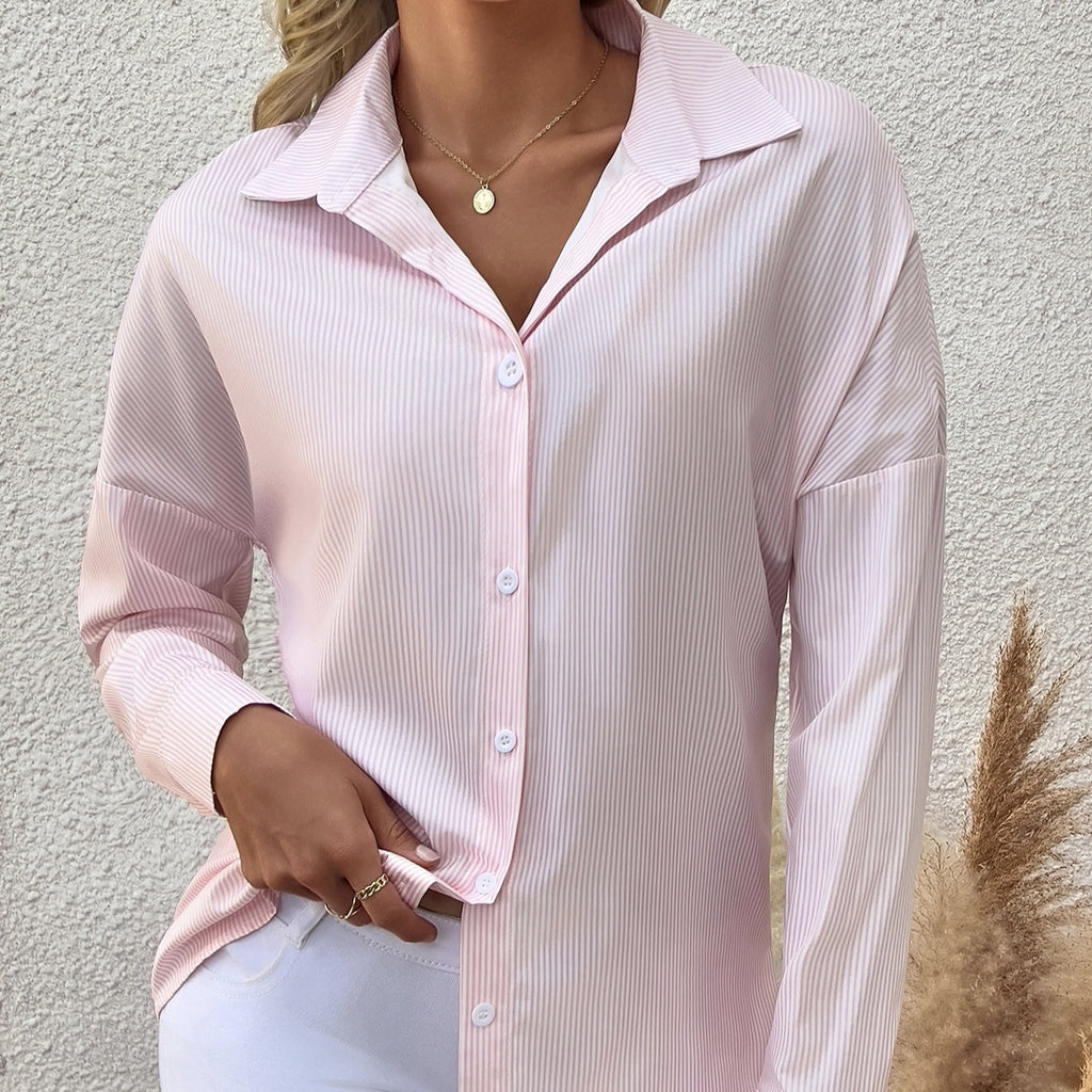 Women's striped long-sleeved shirt top with lapel collar by FitiqueFit, casualwear style, shown laid flat with button details.
