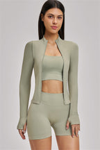 Fitglutes Activewear 3-piece set includes a sports bra, jacket, and shorts for workout and gym activities.