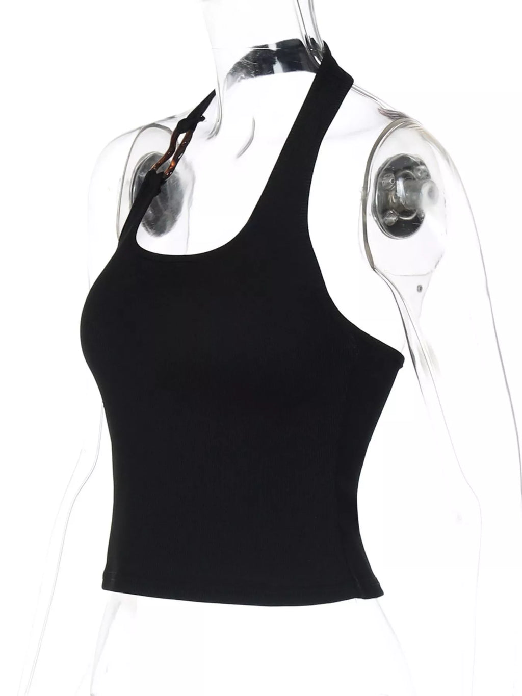 Ribbed halter neck tank top by Shopimist, showing close-up of fitted ribbed fabric and stylish halter neckline.