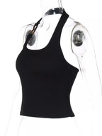 Ribbed halter neck tank top by Shopimist, showing close-up of fitted ribbed fabric and stylish halter neckline.