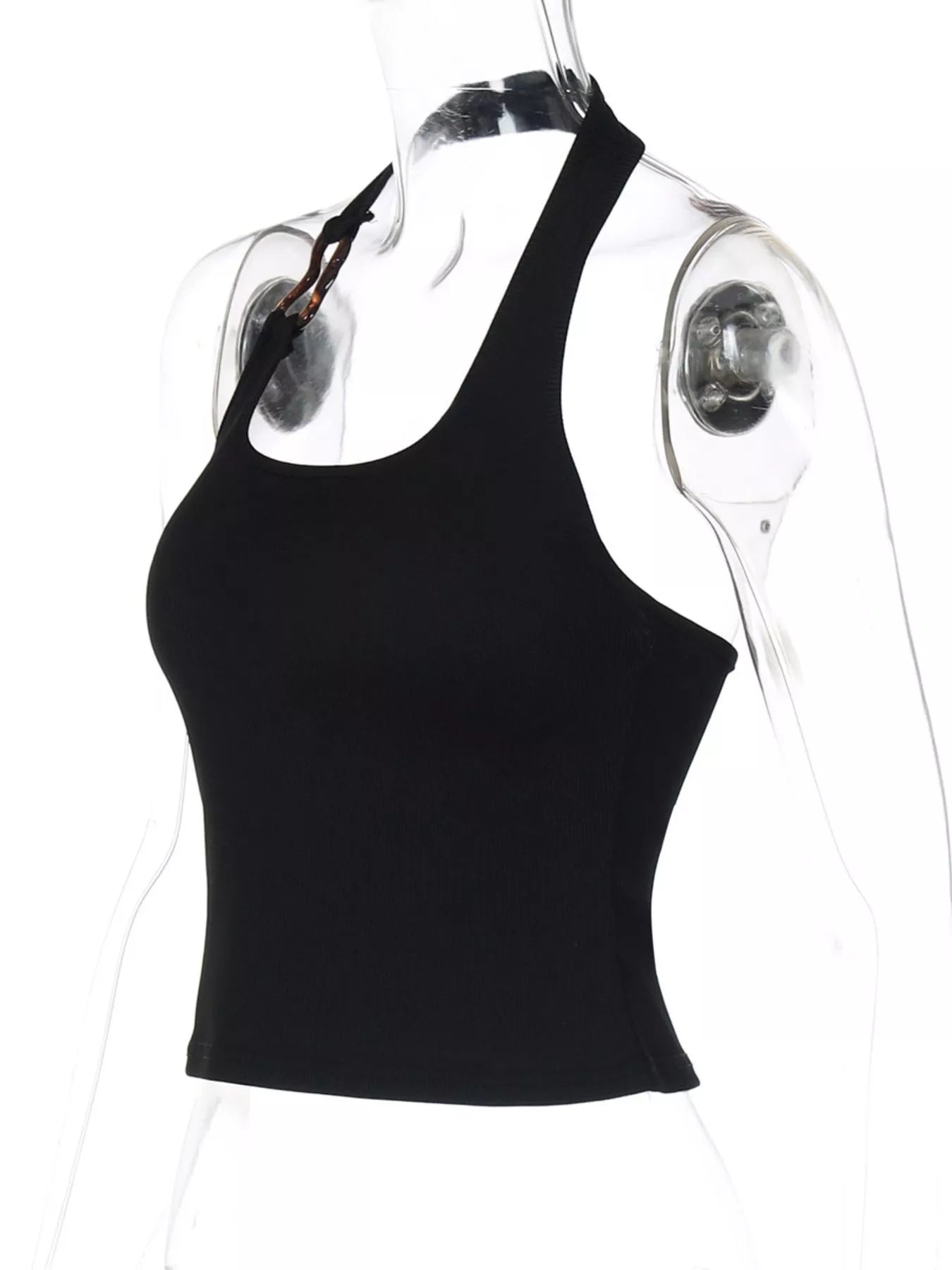 Ribbed halter neck tank top by Shopimist, showing close-up of fitted ribbed fabric and stylish halter neckline.