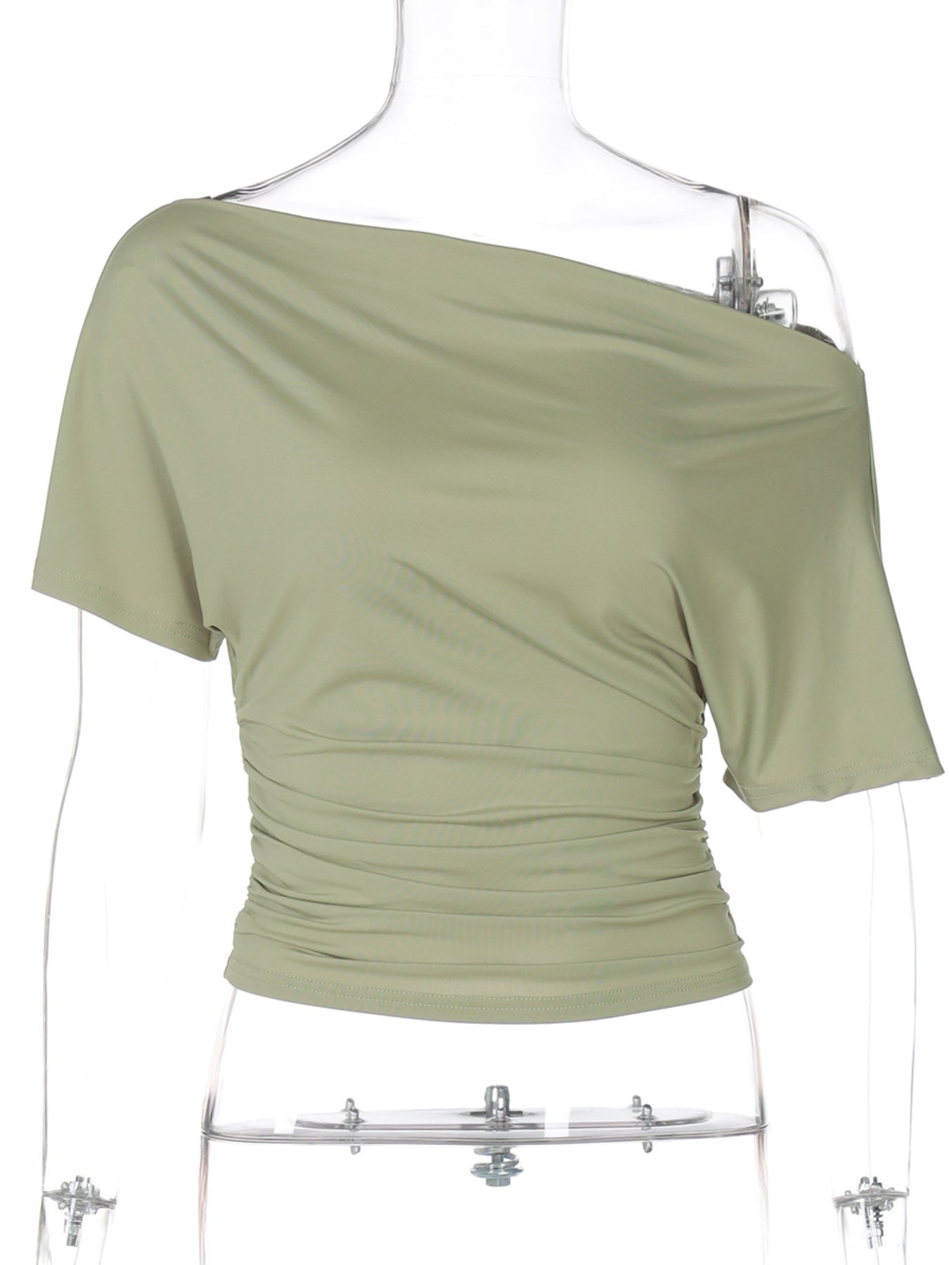 Women's one-shoulder ruched short sleeve T-shirt by Trendsi, featuring a chic stretch fabric and stylish design.