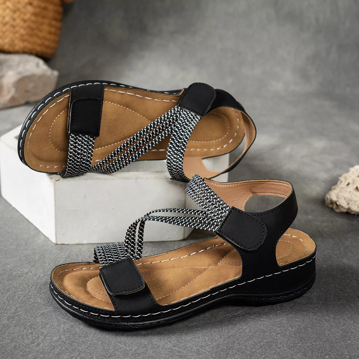 Open toe wedge sandals by Shopimist featuring a stylish design with a comfortable platform heel and neutral color.