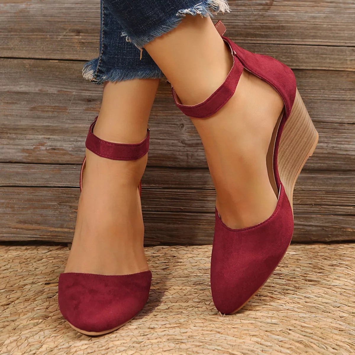 Plush Fashion Hub point toe wedge sandals with sleek straps and sturdy wedge heel, perfect for stylish summer footwear.