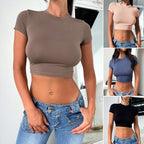 Women's slim fit midriff-baring short sleeve crop top from FitiqueFit, casualwear, shown in a stylish, fitted design.