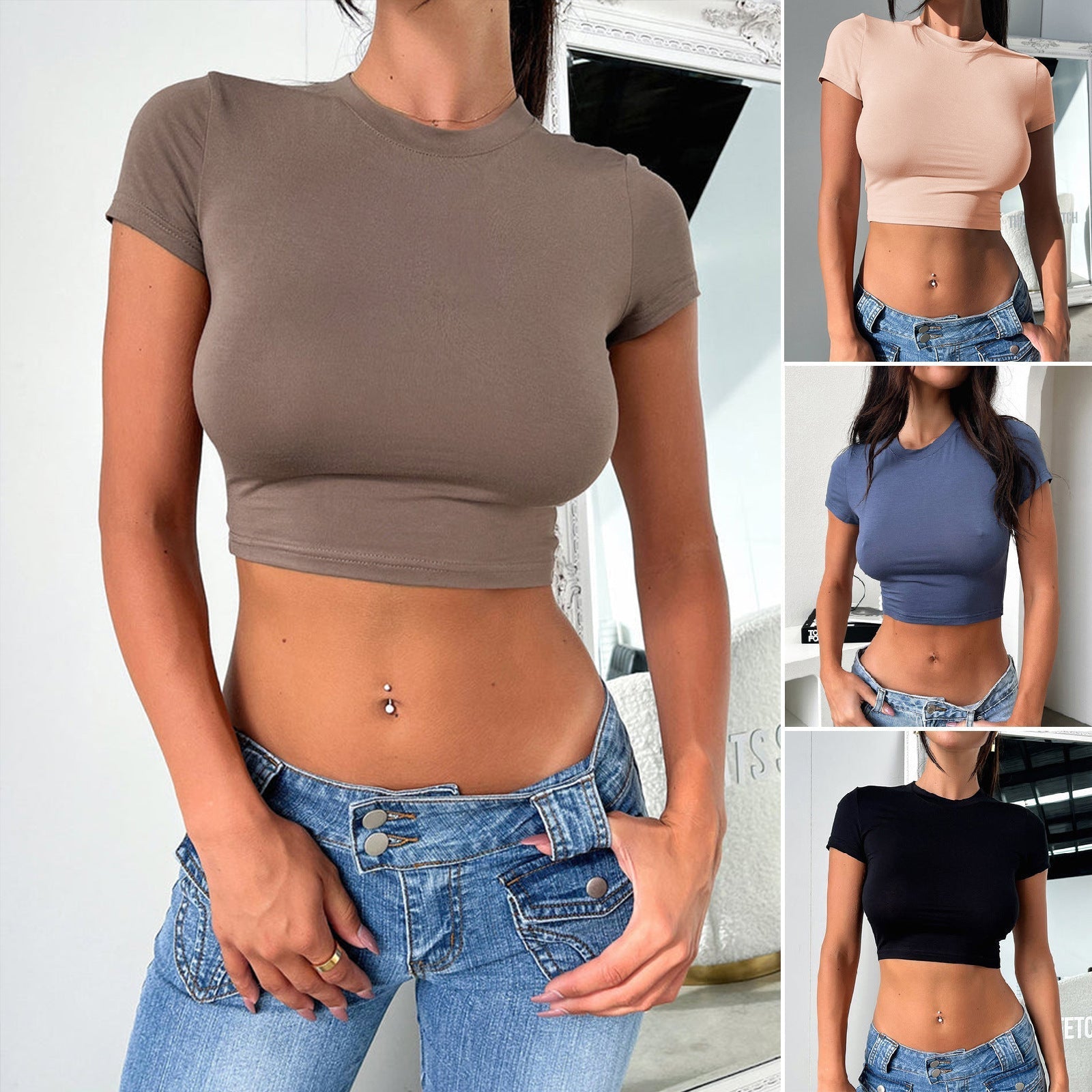 Women's slim fit midriff-baring short sleeve crop top from FitiqueFit, casualwear, shown in a stylish, fitted design.