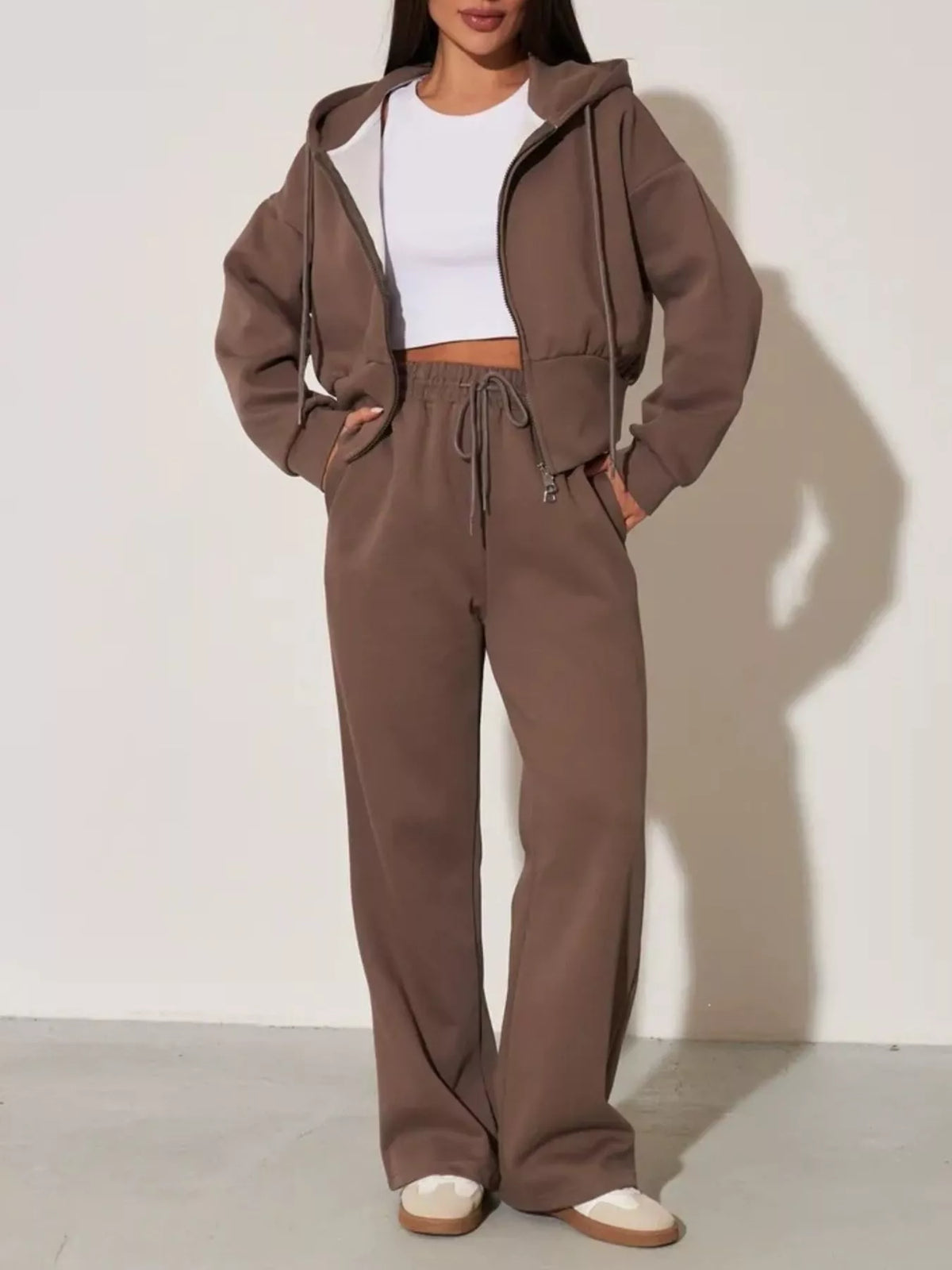 Plush Fashion Hub zip-up hoodie and wide-leg pants loungewear set, soft fabric, casual style, in neutral colors.