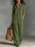 Women's bohemian cotton-blend top and pants set by FitiqueFit, casual resort lounge co-ord, featuring relaxed fit and boho style.