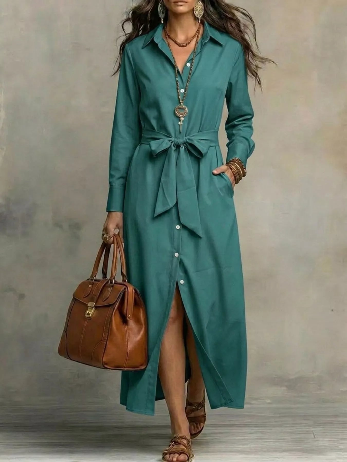 Plus size plush fashion hub long sleeve shirt dress with tie waist, full length, stylish and comfortable for casual wear.