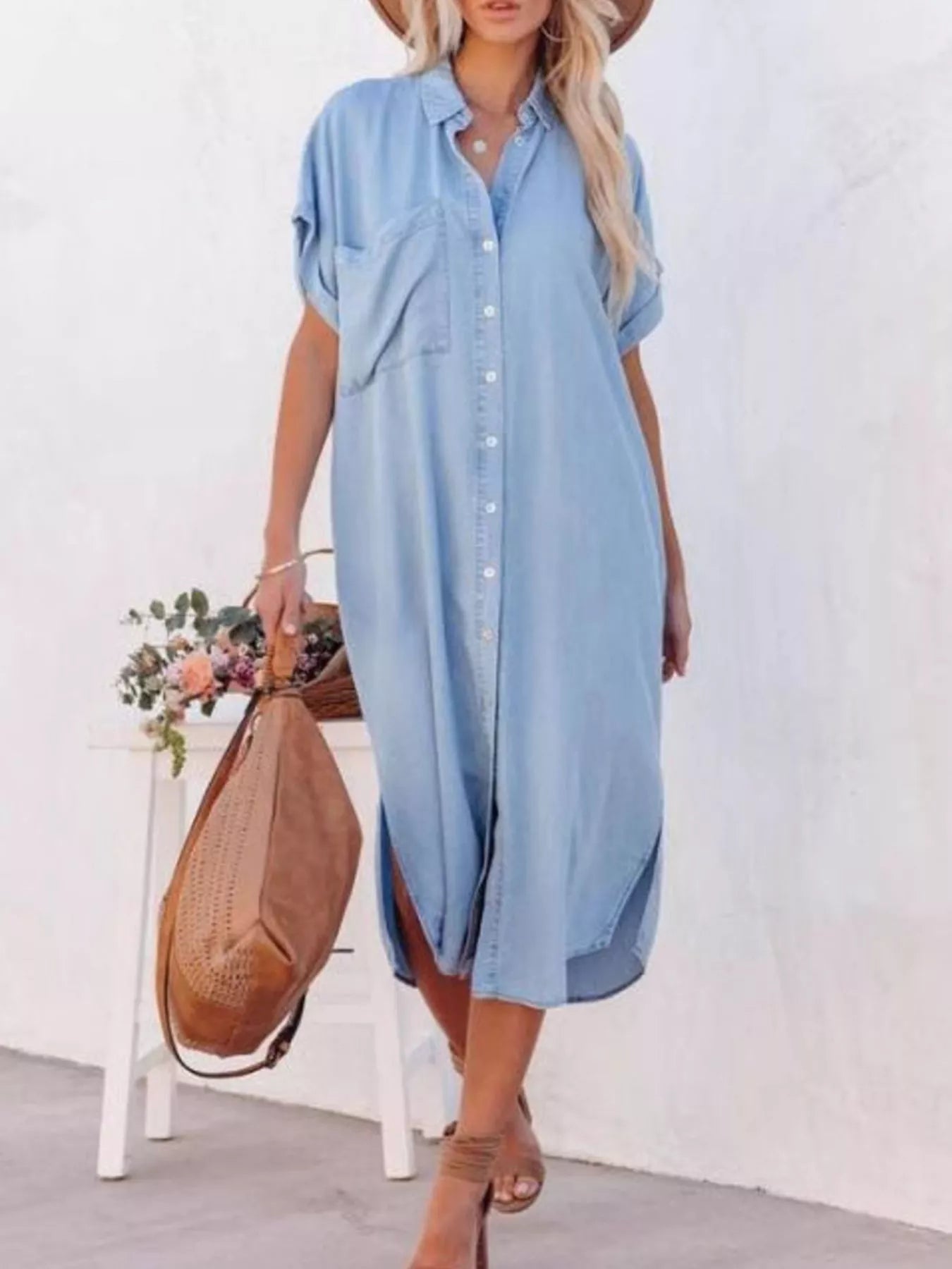 Casual Plush Fashion Hub shirt dress with side slits, lightweight fabric, and relaxed fit, perfect for casual and summer wear.