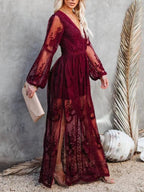 Floral lace high-slit maxi dress by Trendsi featuring an elegant evening gown with intricate lace details and a flowing silhouette.