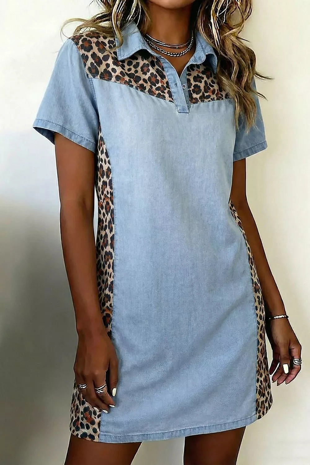 Leopard print panel short sleeve dress by Plush Fashion Hub, featuring a stylish animal print design and comfortable fit.