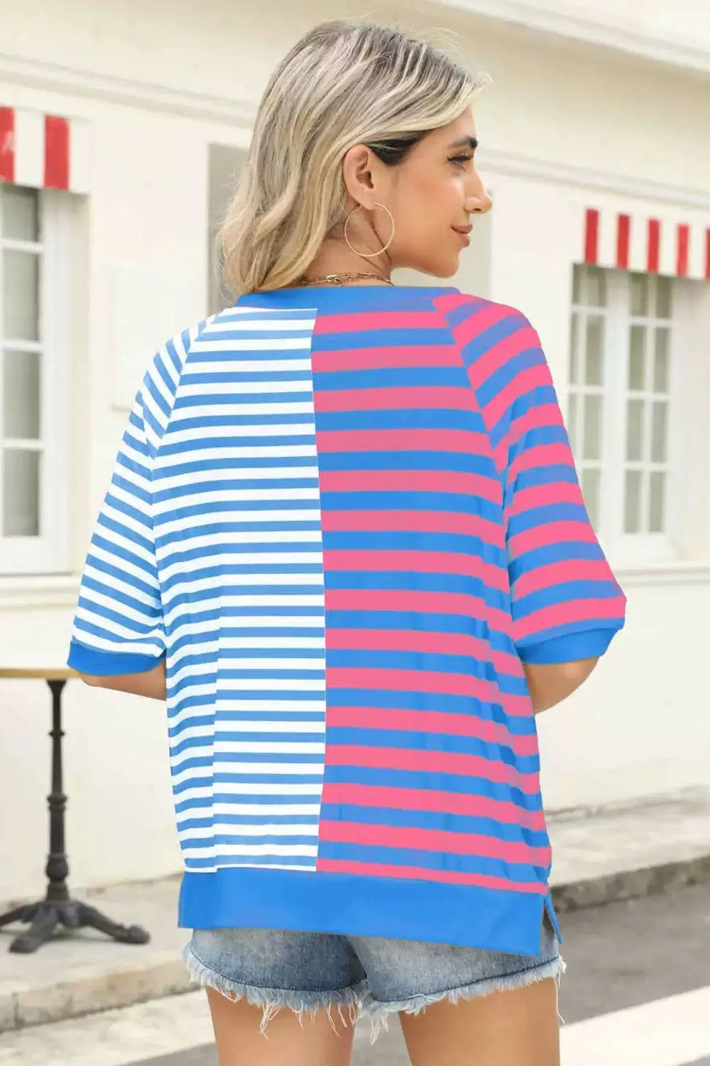 Striped round neck half sleeve T-shirt from Trendsi, casual tops with horizontal stripe pattern and comfortable fit.