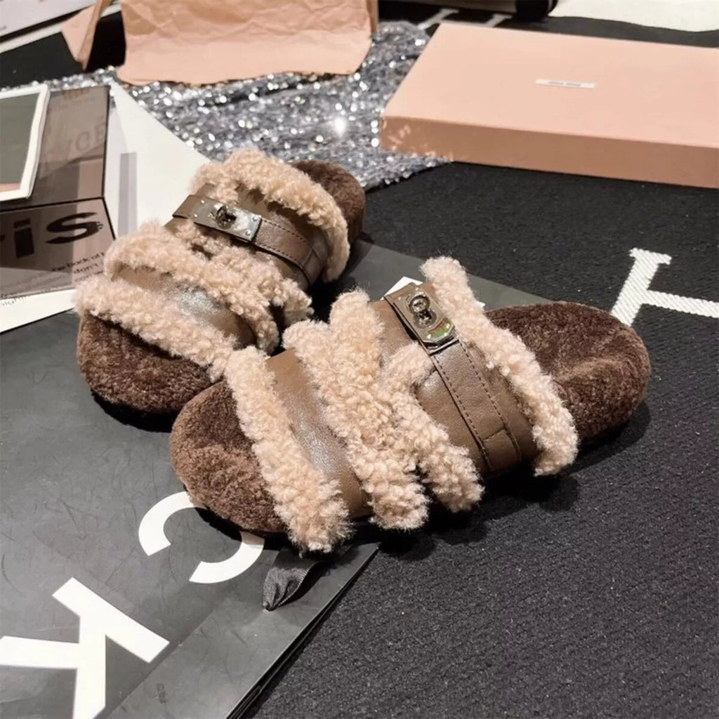 Fuzzy plush slippers with buckle accent by Simply Love, featuring soft, cozy material and stylish design for comfortable indoor wear.