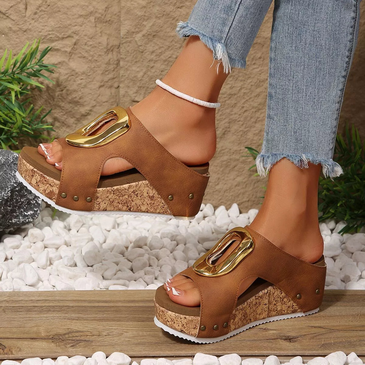 Shopimist open toe wedge sandals with cork platform and ankle strap, stylish summer footwear for women.