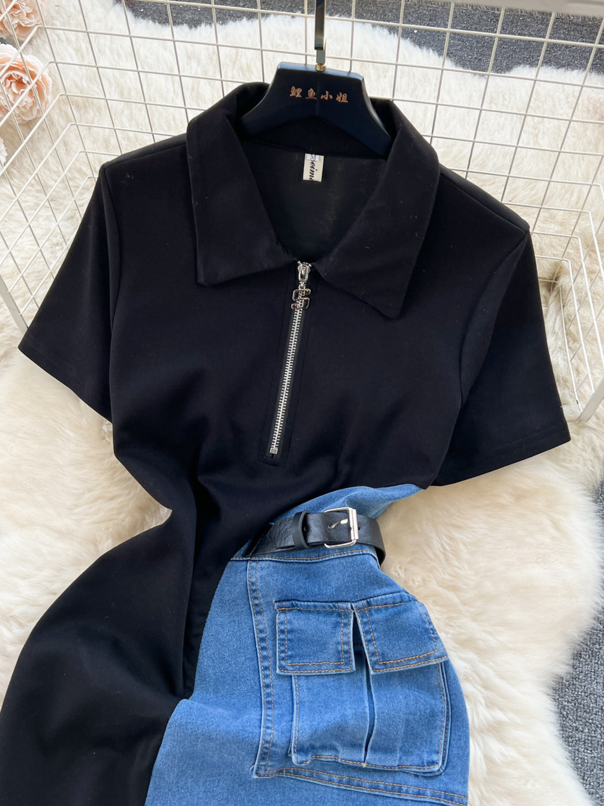 Color block denim patchwork midi dress with front zipper and belt from Plush Fashion Hub, shown on a model.