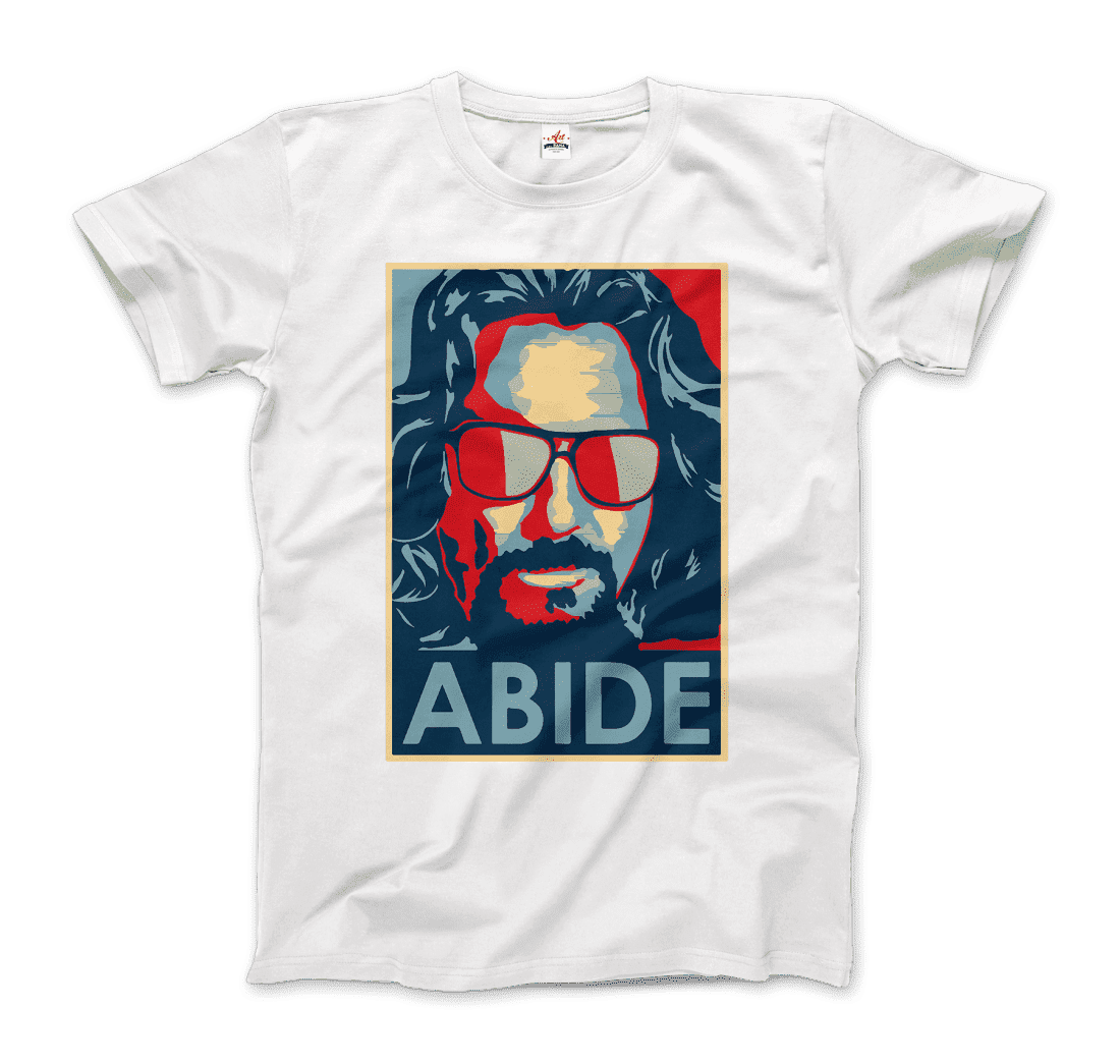 Big Lebowski Abide Hope style T-shirt featuring artwork from the film, showcasing a colorful, artistic design with The Dude.