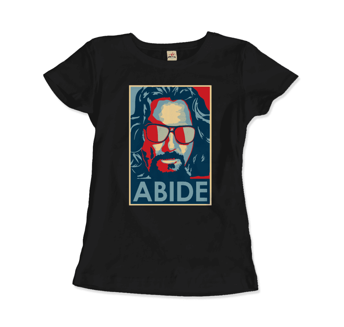 Big Lebowski Abide Hope style T-shirt featuring artwork from Art-O-Rama Shop, depicting a cinematic design with Dude and iconic symbols.
