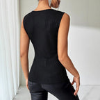 Black ribbed Rhinestone-Decorated Vest T-Shirt top, casualwear by Plush Fashion Hub, showing the textured fabric and sparkling embellishments.